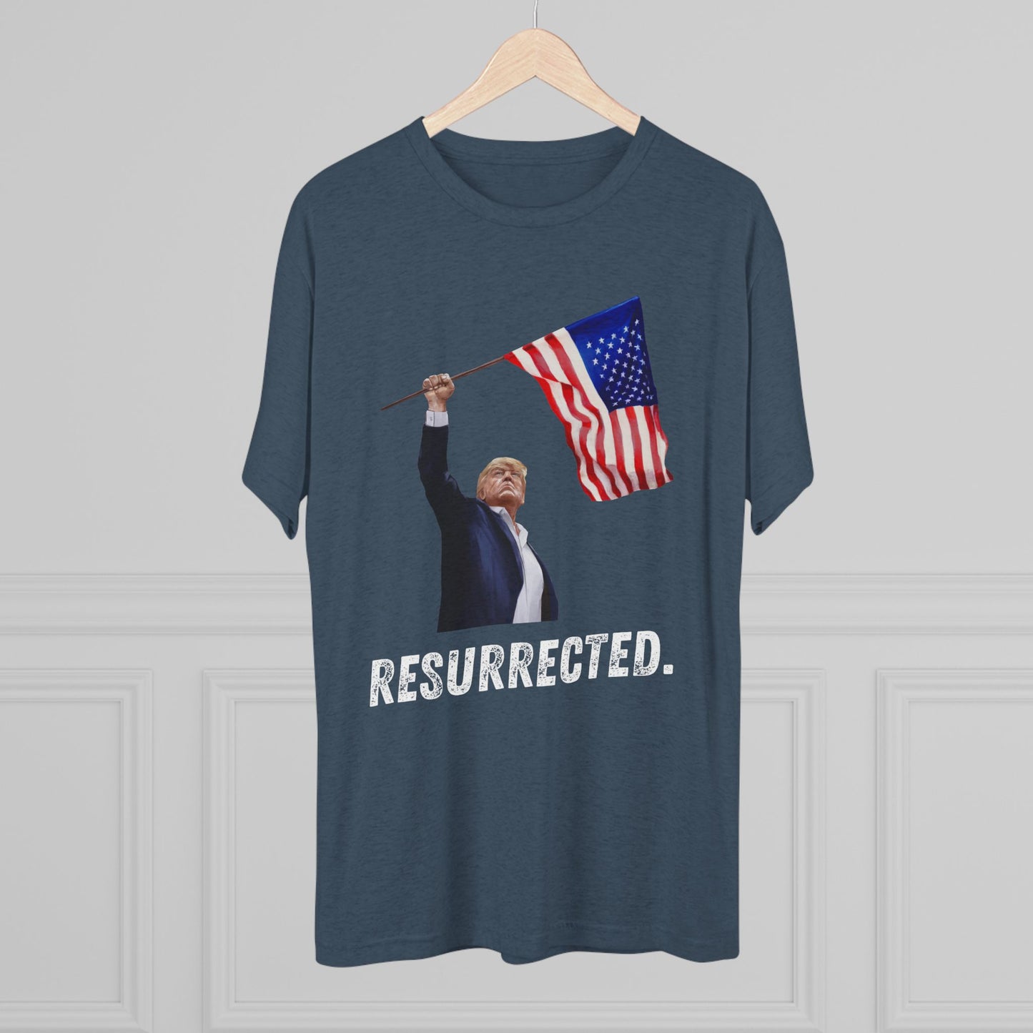 RESURRECTED. Donald Trump Flag Shirt, Trump Shot Shirt, Trump Assassination, Trump 2024 T-Shirt, Unisex Tri-Blend Crew Tee, President Trump
