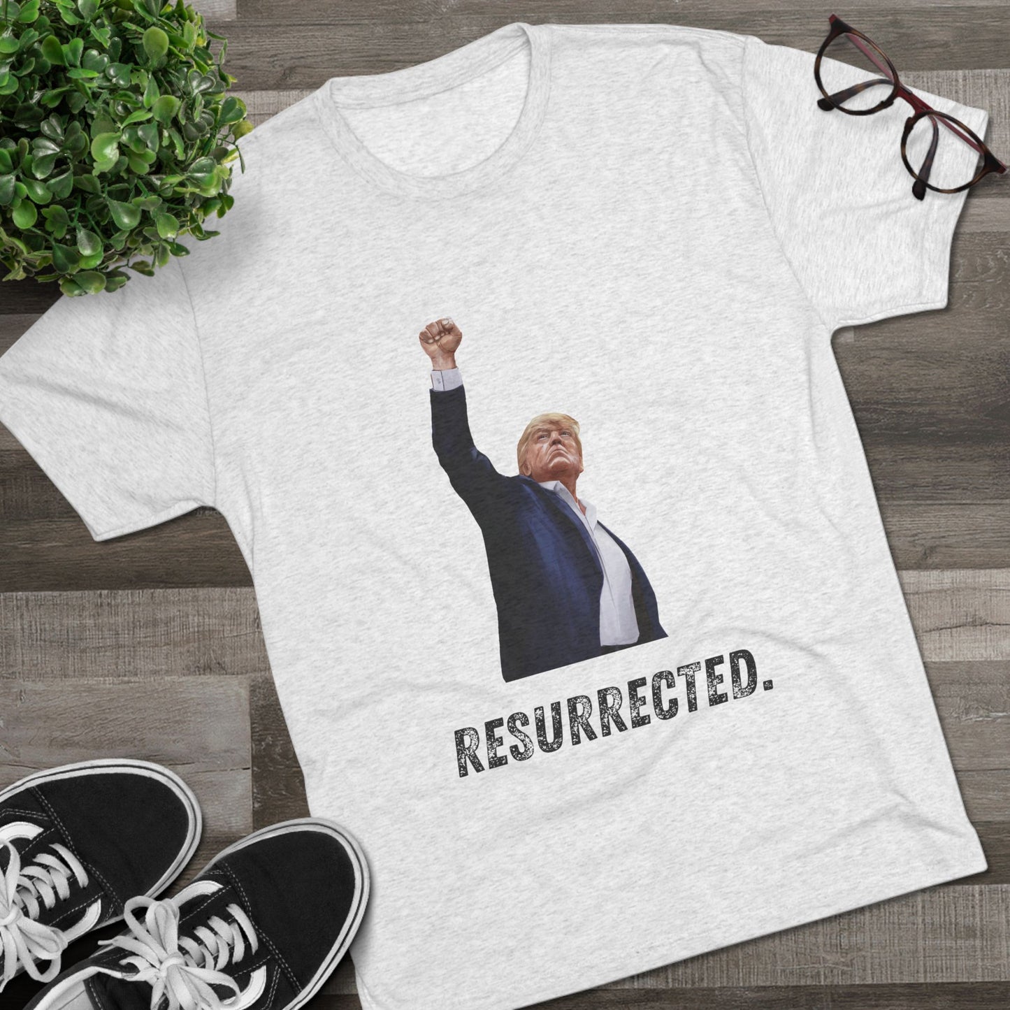 Resurrected Donald Trump Shirt, Trump Shot Shirt, Trump Assassination Shirt, Trump 2024 T-Shirt, Unisex Tri-Blend Crew Tee, President Trump