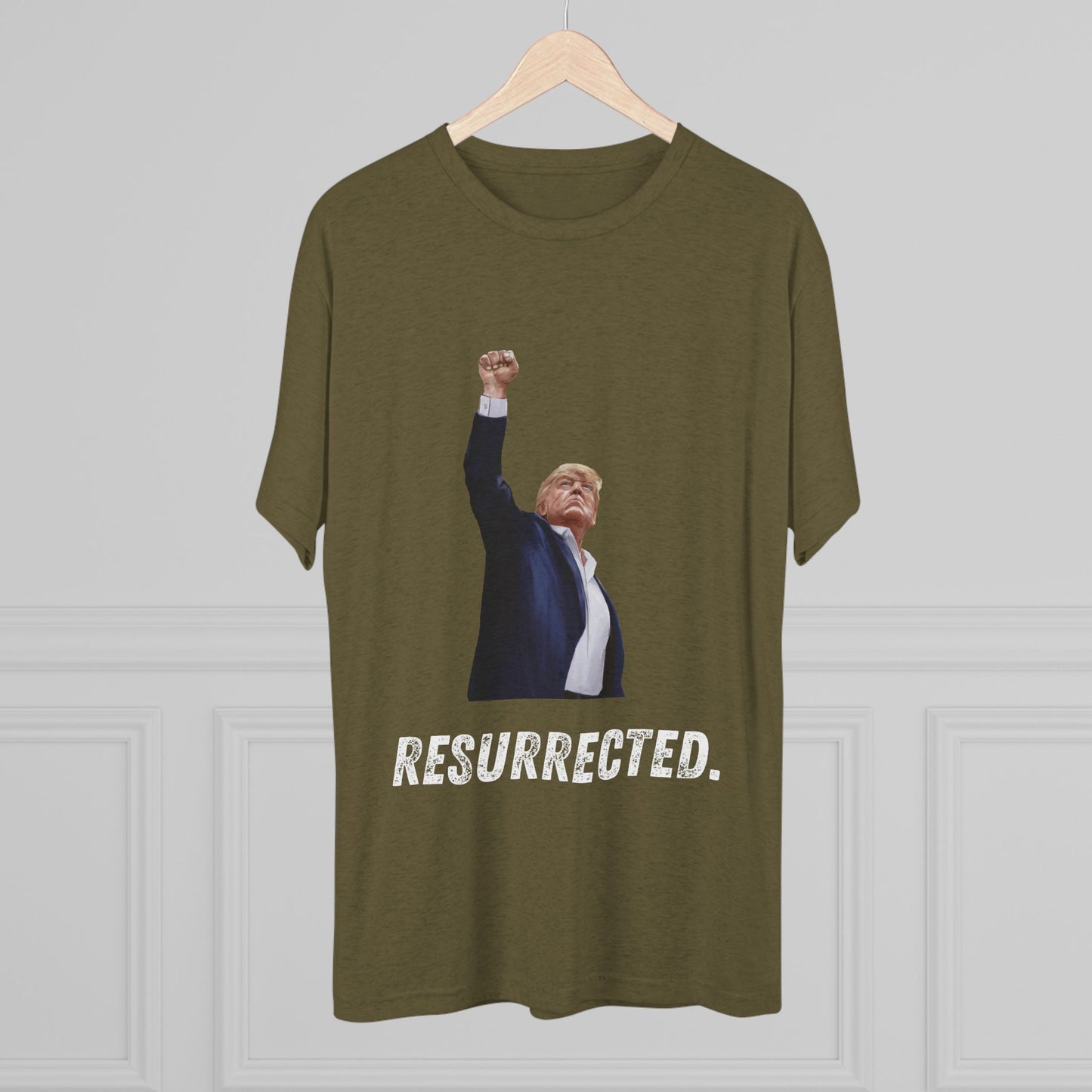Resurrected Donald Trump Shirt, Trump Shot Shirt, Trump Assassination Shirt, Trump 2024 T-Shirt, Unisex Tri-Blend Crew Tee, President Trump