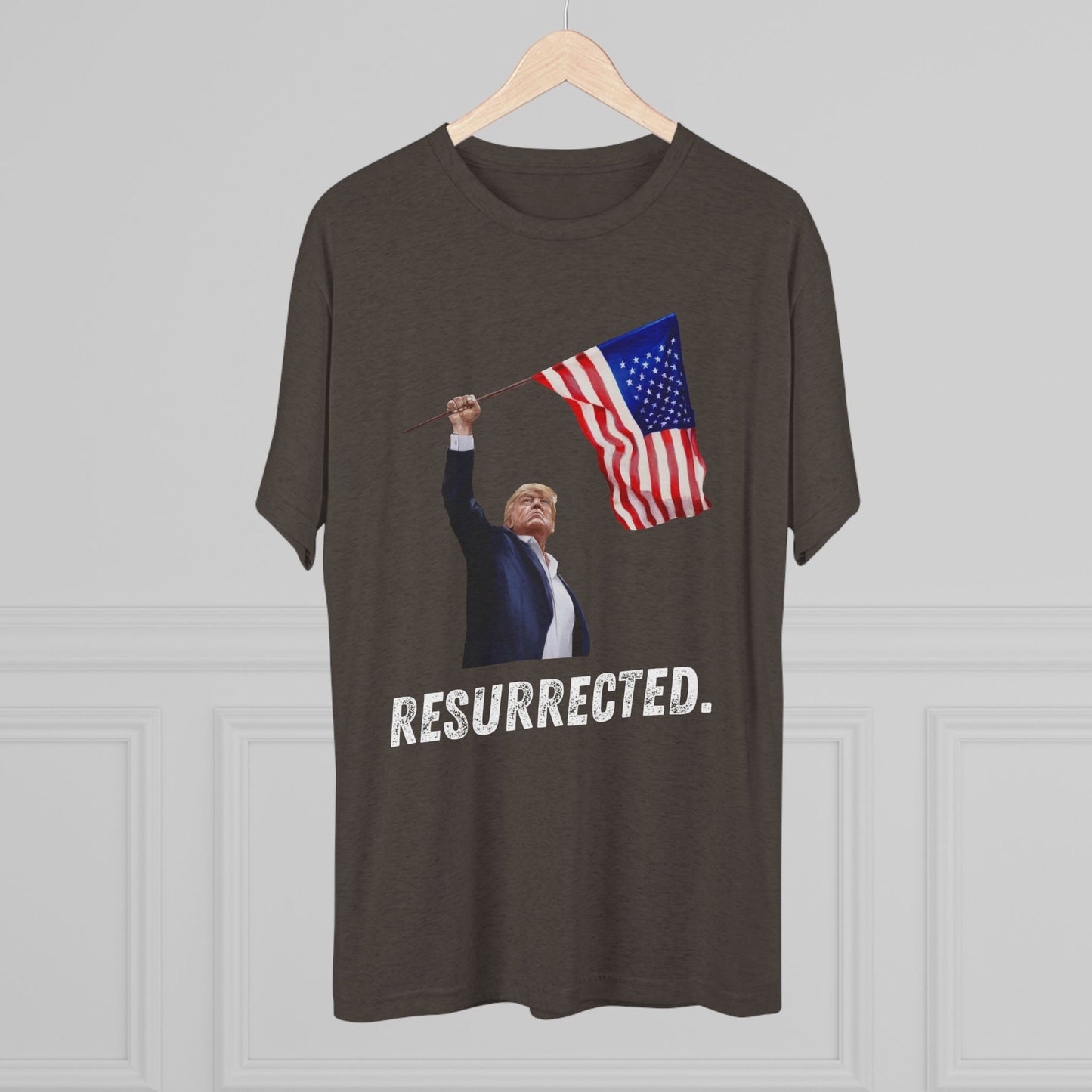 RESURRECTED. Donald Trump Flag Shirt, Trump Shot Shirt, Trump Assassination, Trump 2024 T-Shirt, Unisex Tri-Blend Crew Tee, President Trump