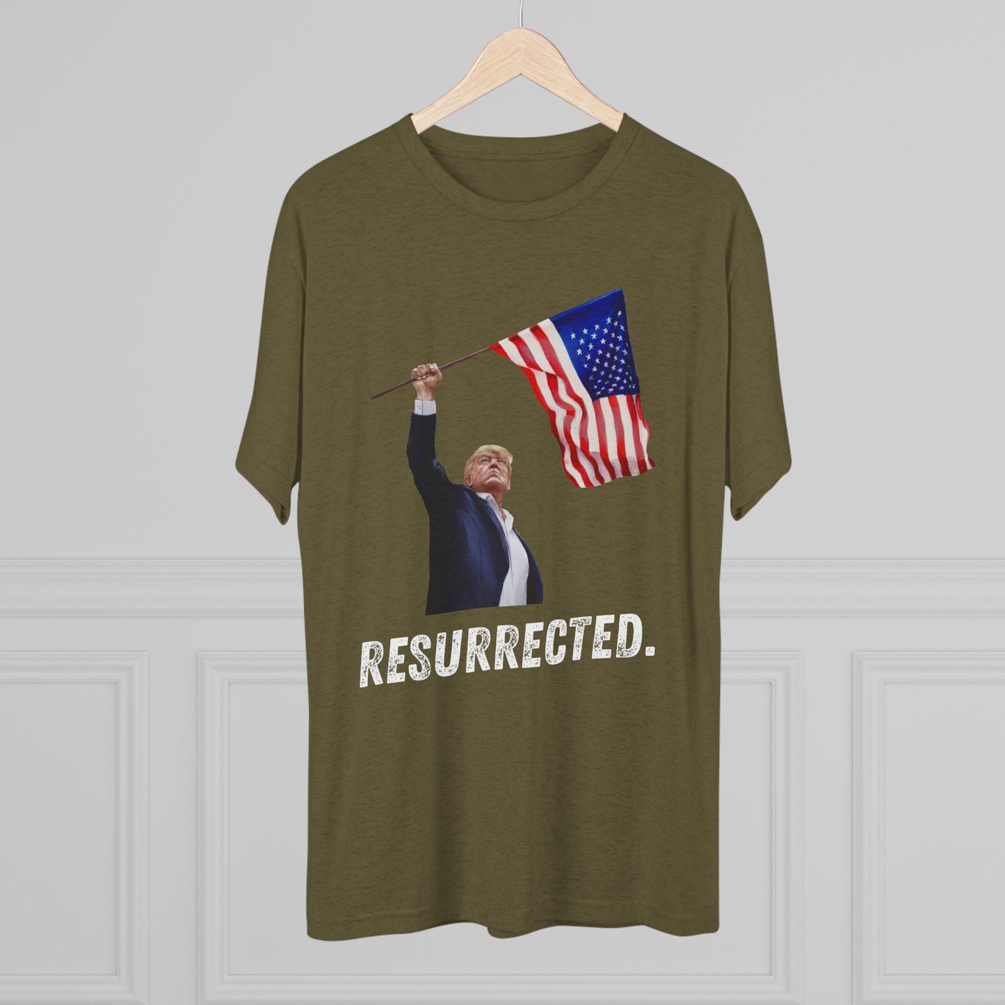 RESURRECTED. Donald Trump Flag Shirt, Trump Shot Shirt, Trump Assassination, Trump 2024 T-Shirt, Unisex Tri-Blend Crew Tee, President Trump