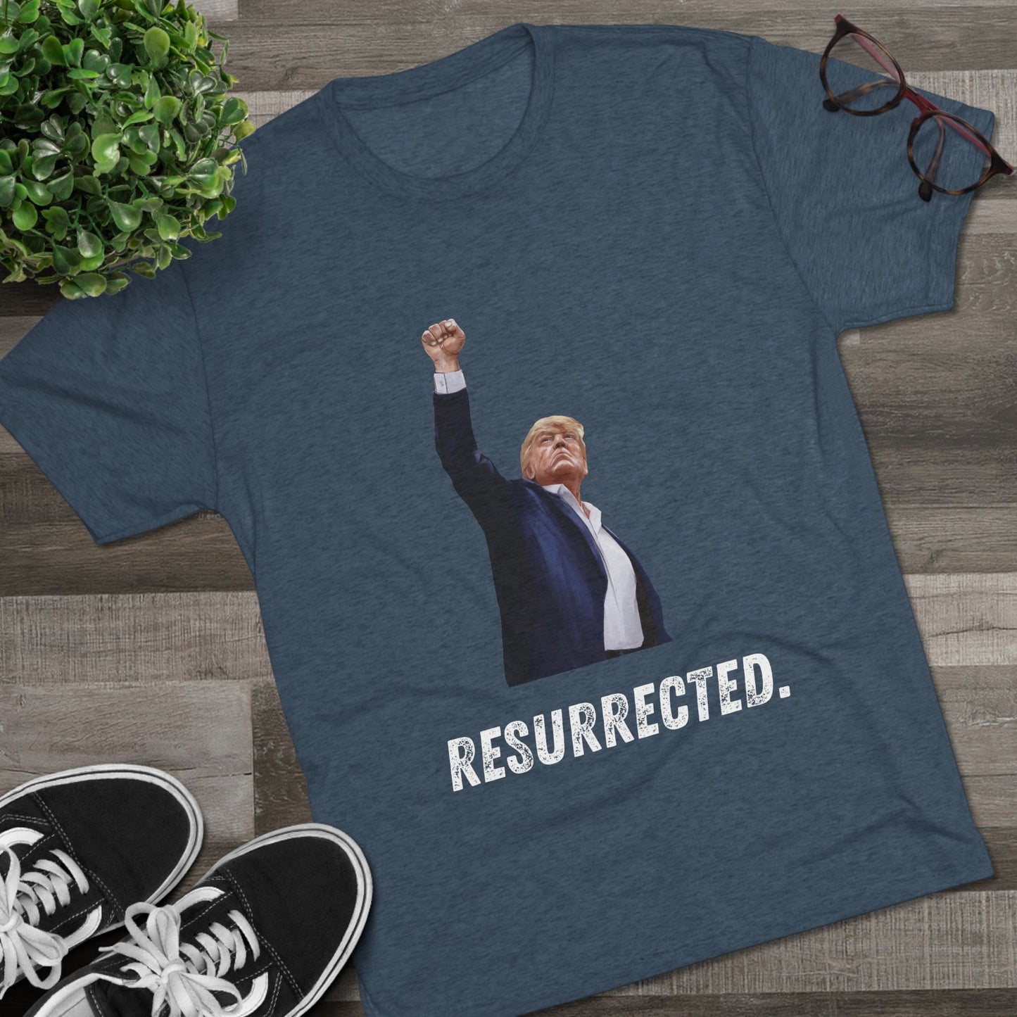 Resurrected Donald Trump Shirt, Trump Shot Shirt, Trump Assassination Shirt, Trump 2024 T-Shirt, Unisex Tri-Blend Crew Tee, President Trump