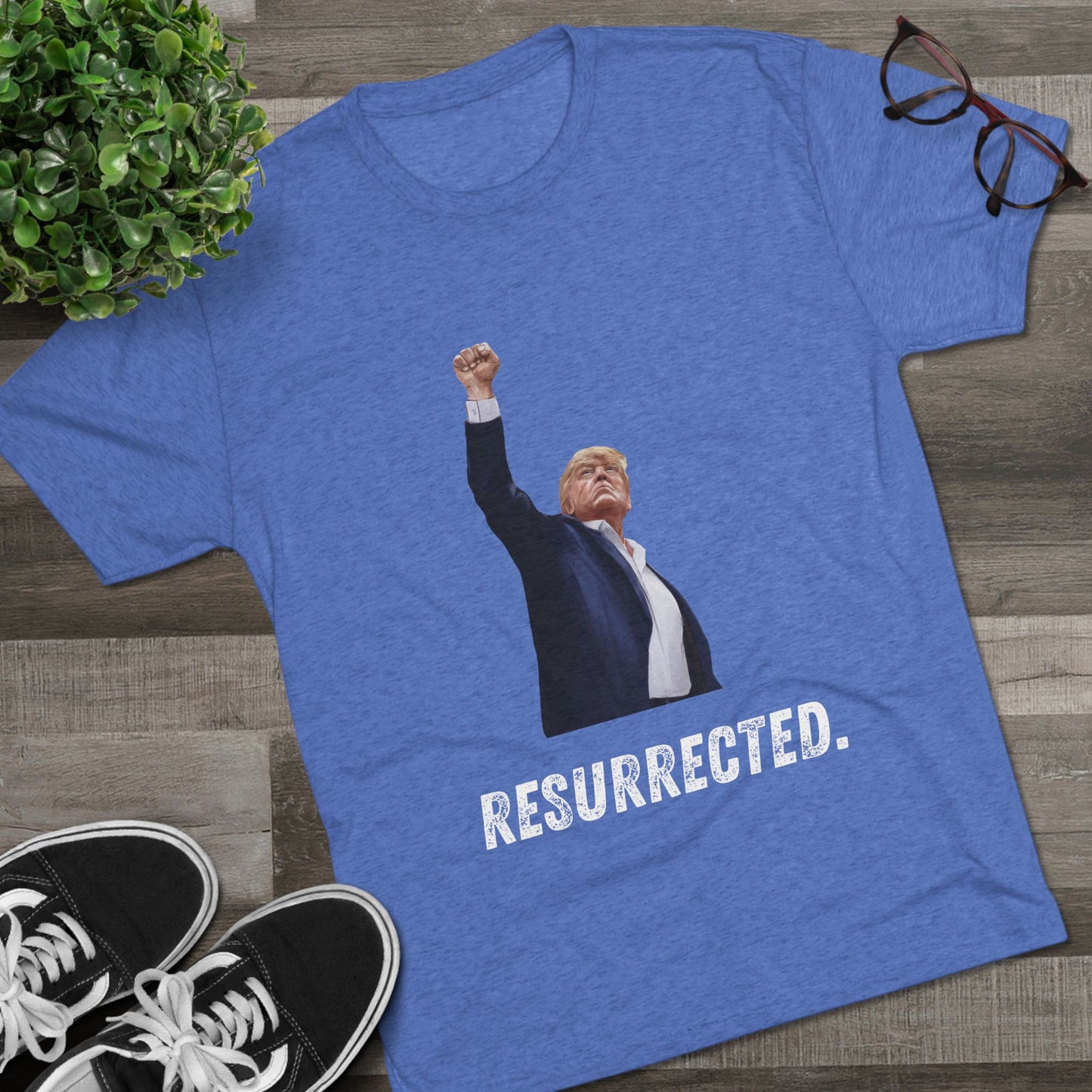 Resurrected Donald Trump Shirt, Trump Shot Shirt, Trump Assassination Shirt, Trump 2024 T-Shirt, Unisex Tri-Blend Crew Tee, President Trump