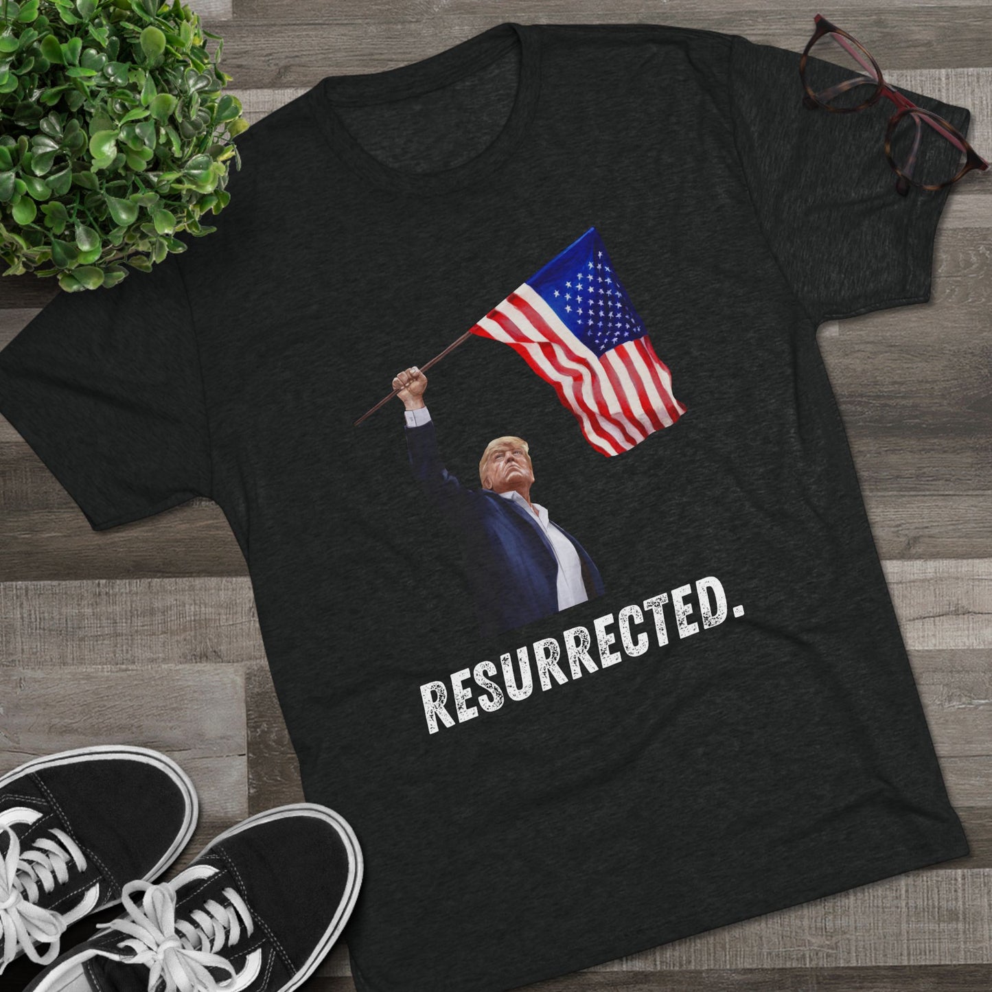 RESURRECTED. Donald Trump Flag Shirt, Trump Shot Shirt, Trump Assassination, Trump 2024 T-Shirt, Unisex Tri-Blend Crew Tee, President Trump