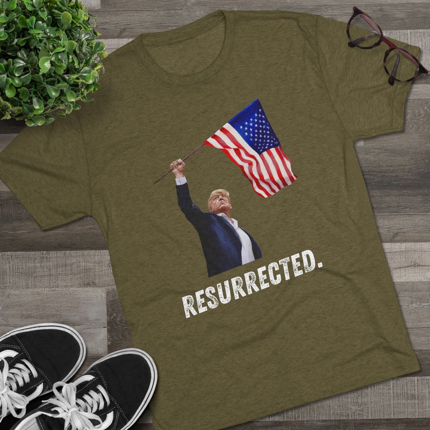 RESURRECTED. Donald Trump Flag Shirt, Trump Shot Shirt, Trump Assassination, Trump 2024 T-Shirt, Unisex Tri-Blend Crew Tee, President Trump