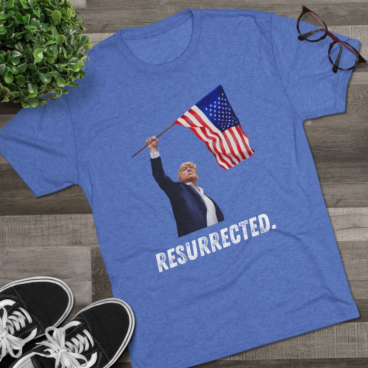 RESURRECTED. Donald Trump Flag Shirt, Trump Shot Shirt, Trump Assassination, Trump 2024 T-Shirt, Unisex Tri-Blend Crew Tee, President Trump