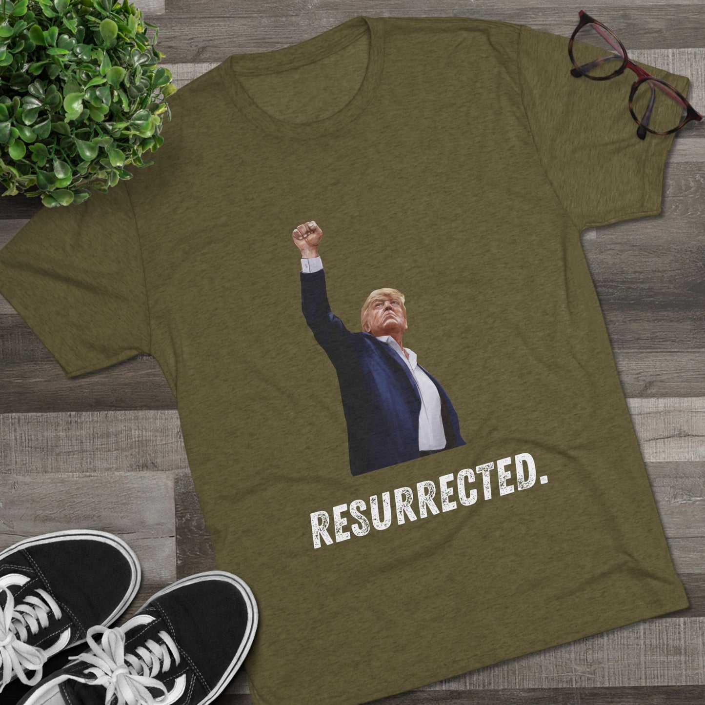 Resurrected Donald Trump Shirt, Trump Shot Shirt, Trump Assassination Shirt, Trump 2024 T-Shirt, Unisex Tri-Blend Crew Tee, President Trump
