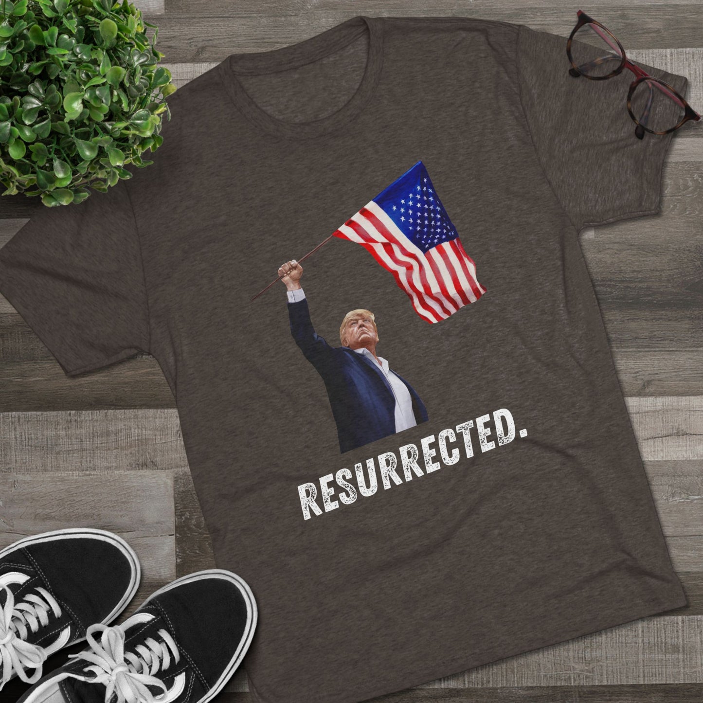 RESURRECTED. Donald Trump Flag Shirt, Trump Shot Shirt, Trump Assassination, Trump 2024 T-Shirt, Unisex Tri-Blend Crew Tee, President Trump