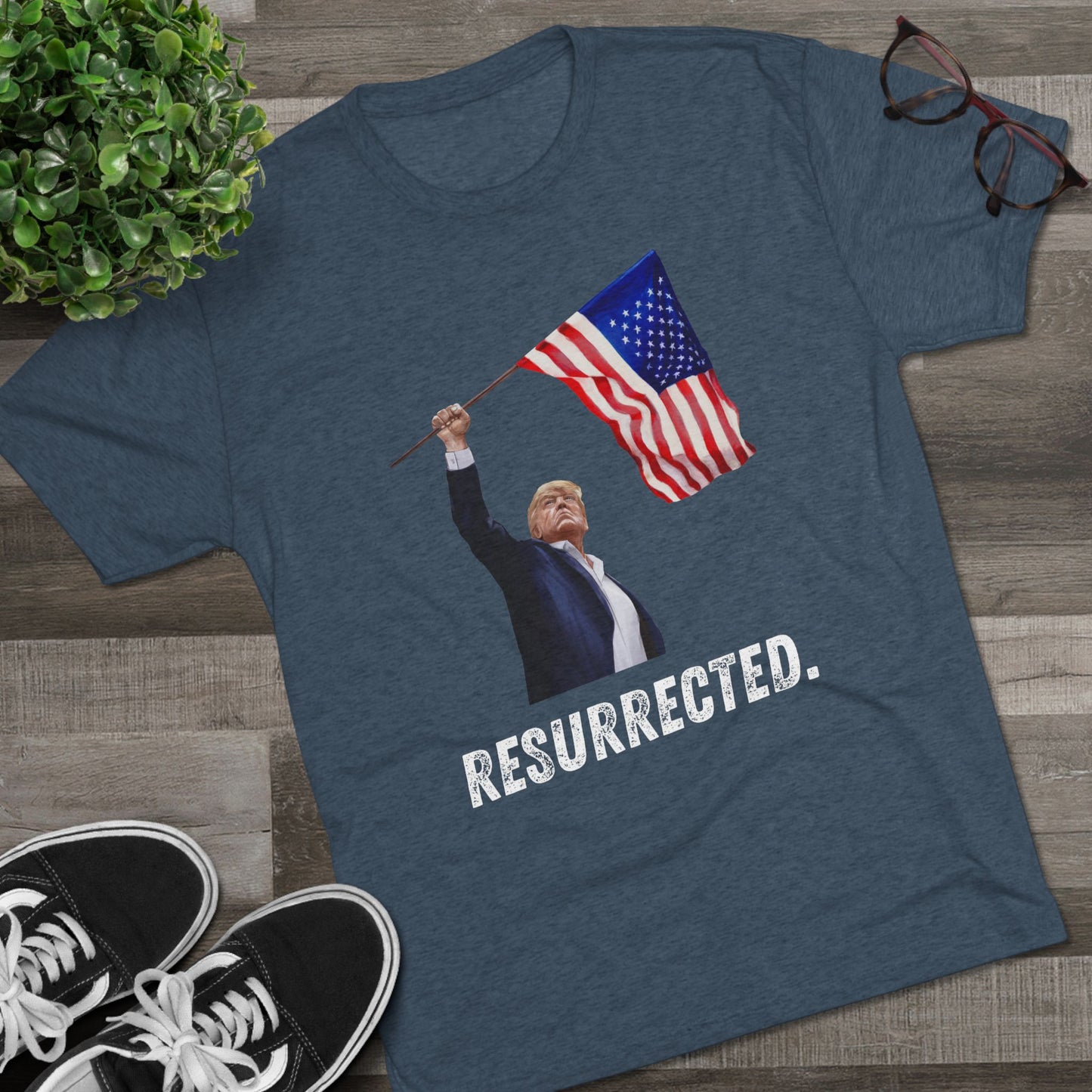 RESURRECTED. Donald Trump Flag Shirt, Trump Shot Shirt, Trump Assassination, Trump 2024 T-Shirt, Unisex Tri-Blend Crew Tee, President Trump