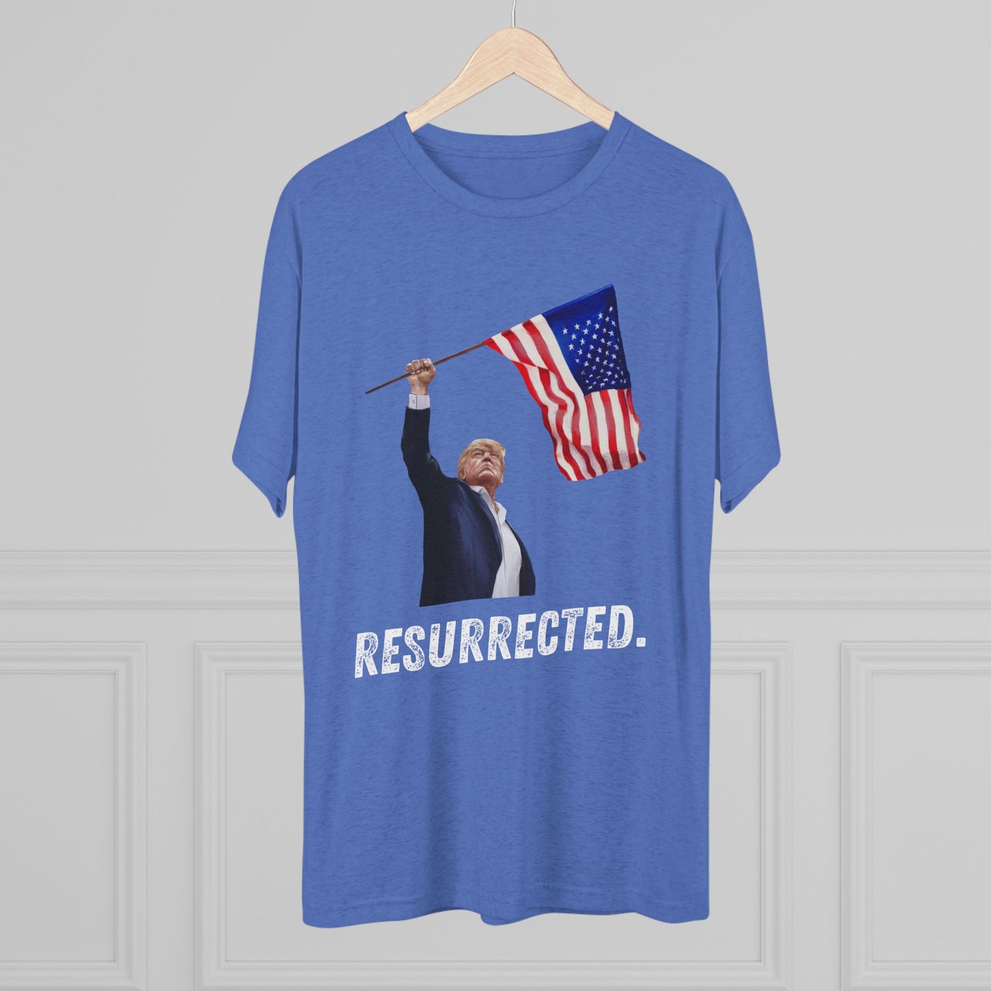 RESURRECTED. Donald Trump Flag Shirt, Trump Shot Shirt, Trump Assassination, Trump 2024 T-Shirt, Unisex Tri-Blend Crew Tee, President Trump